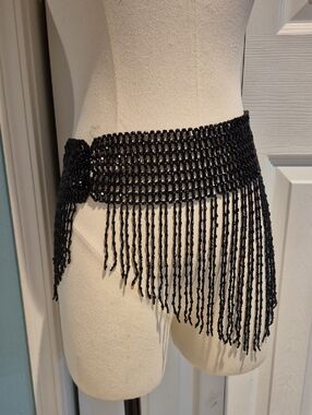 Beaded Fringe Hip Belt - Black